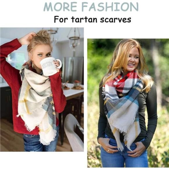 Plaid Print Oversized Blanket Scarf Tartan Checked Shawl Wrap Pashmina Red Cream - Picture 4 of 5